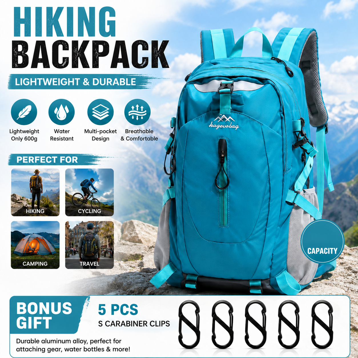 Lake Blue Hiking Backpack with 5 Carabiners Included – Lightweight Waterproof