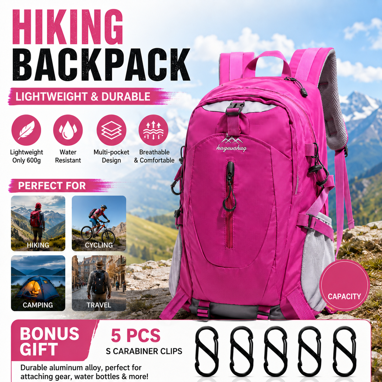 Rose Red Hiking Backpack with 5 Carabiners Included – Lightweight Waterproof