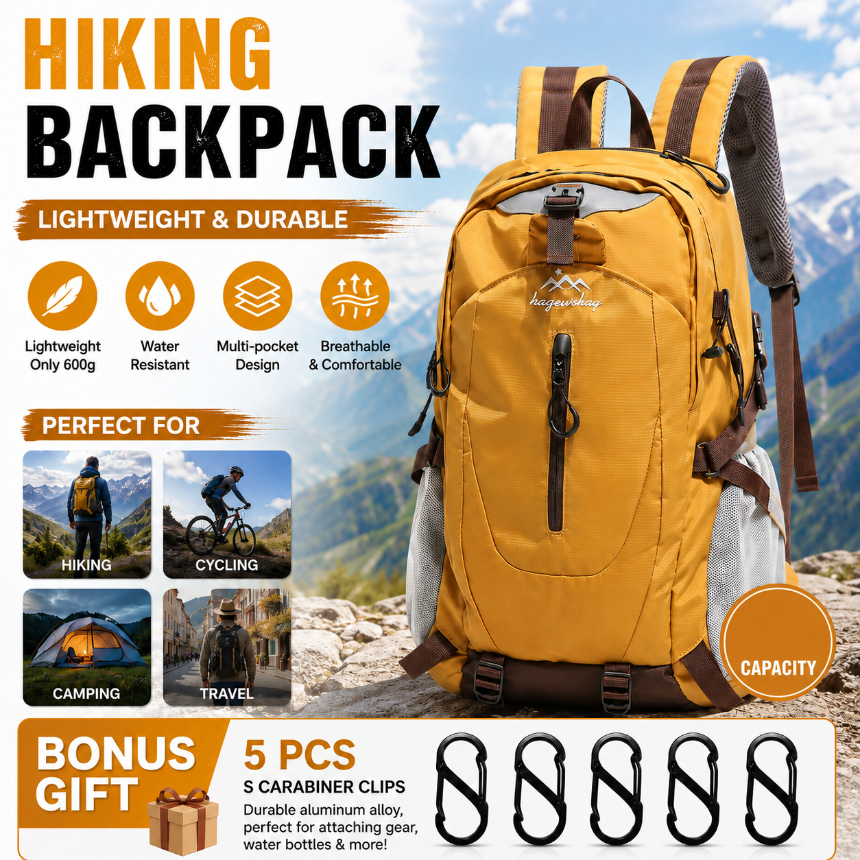 Yellow Hiking Backpack with 5 Carabiners Included – Lightweight Waterproof