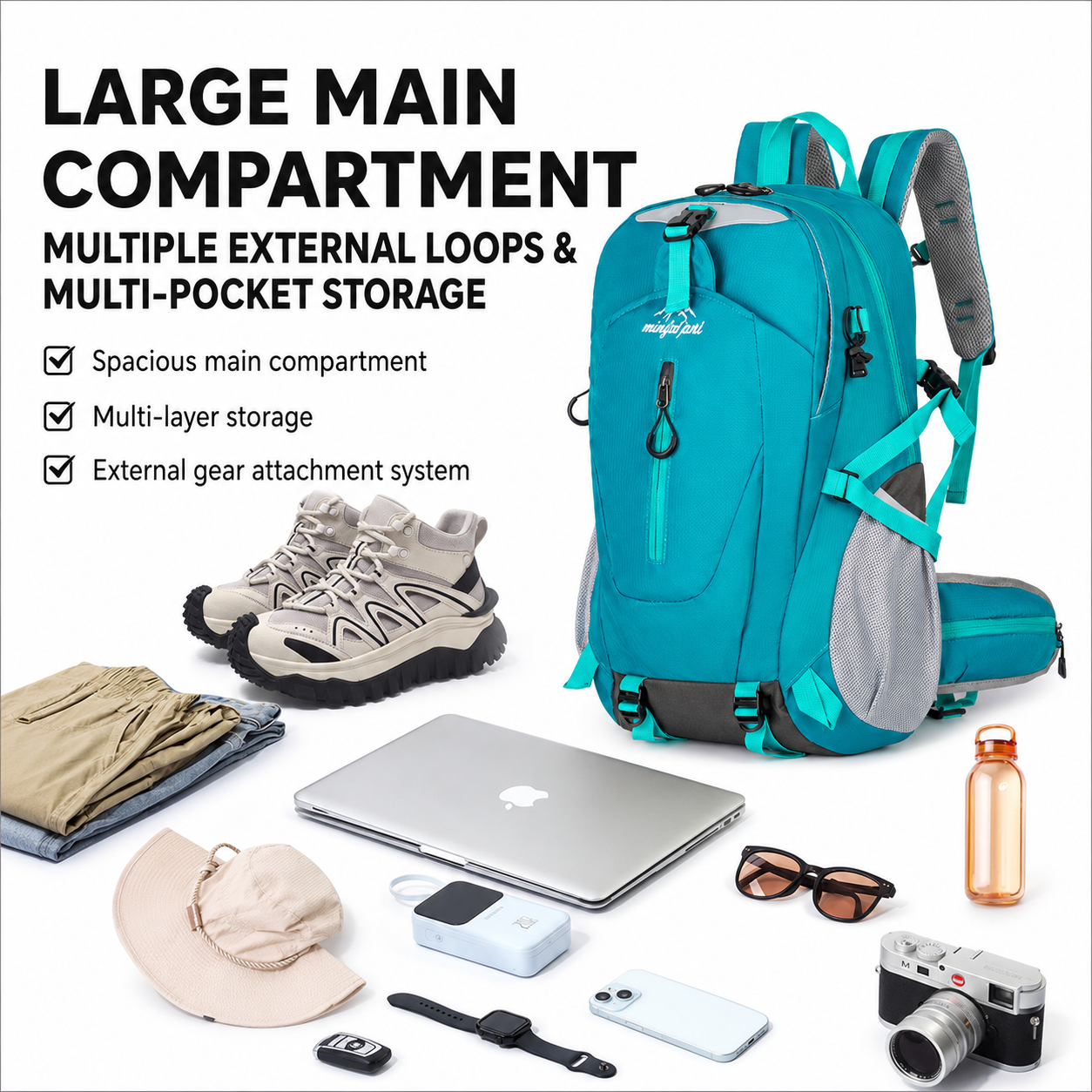 Black Outdoor Hiking Backpack - Lightweight Nylon Travel Daypack with Multi view 7