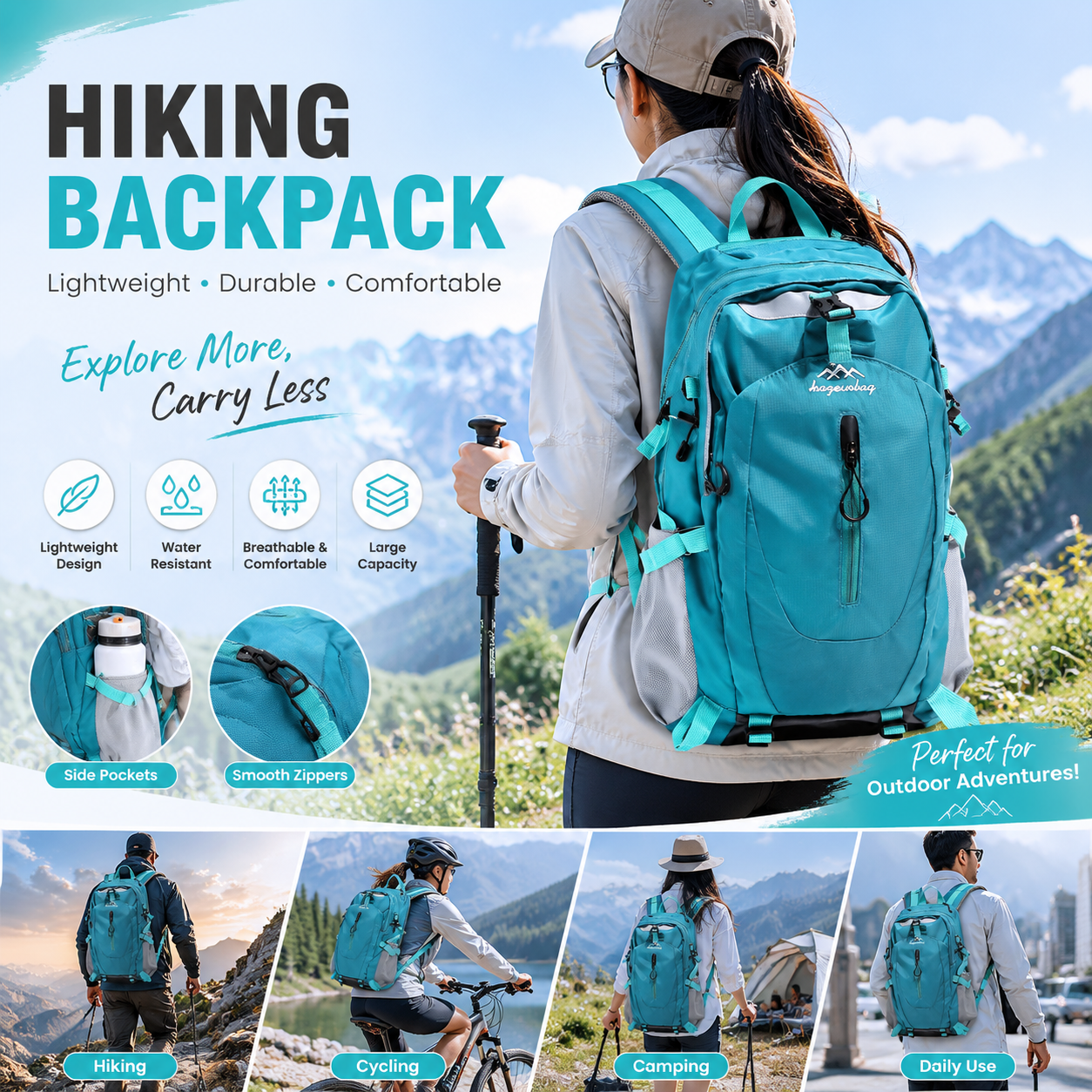 Lake Blue Outdoor Hiking Backpack - Lightweight Nylon Travel Daypack with