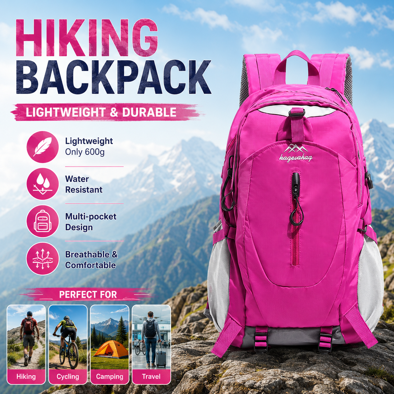 Rose Red Outdoor Hiking Backpack - Lightweight Nylon Travel Daypack with Multi