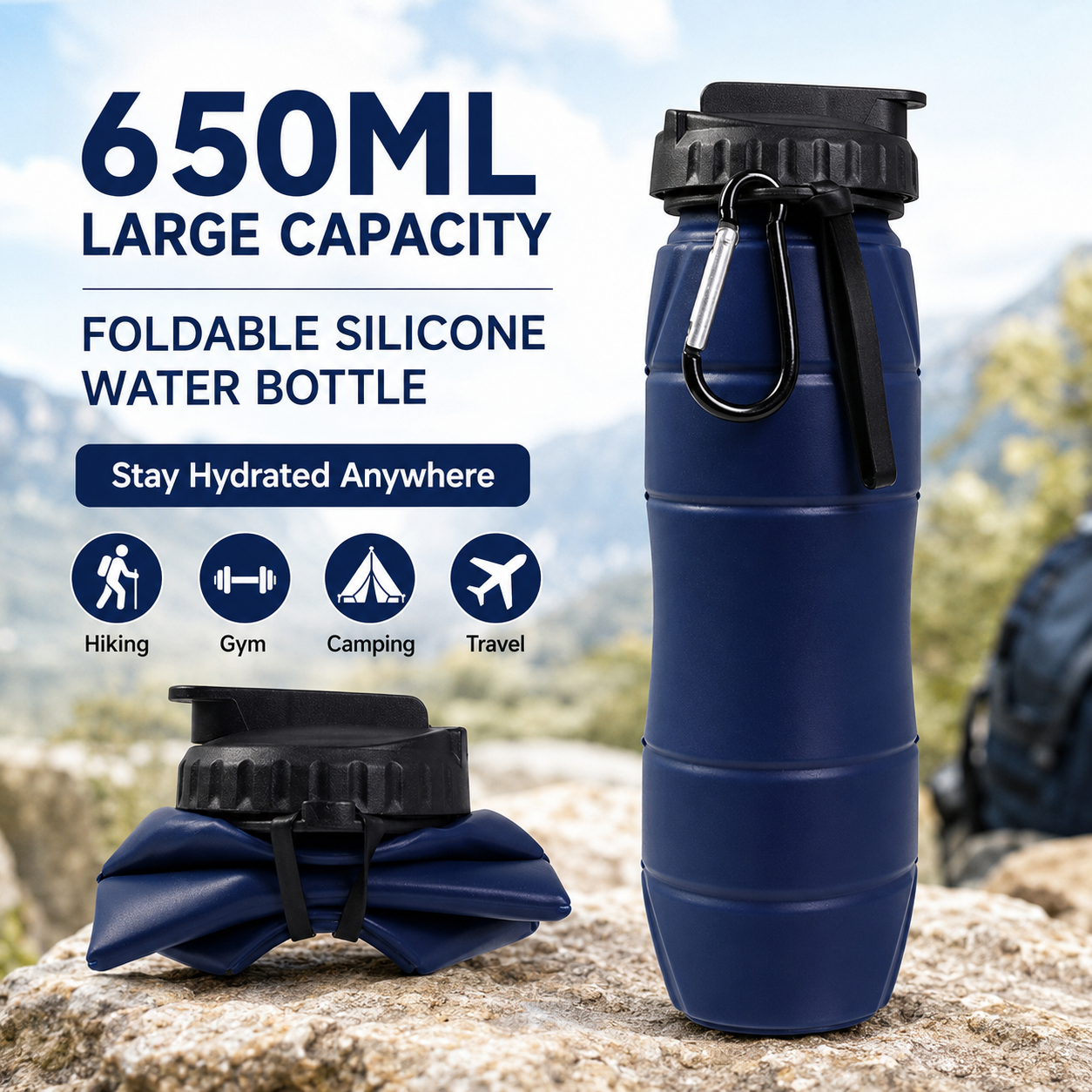 Dark blue Collapsible Silicone Water Bottle - 650ml Foldable Travel Bottle