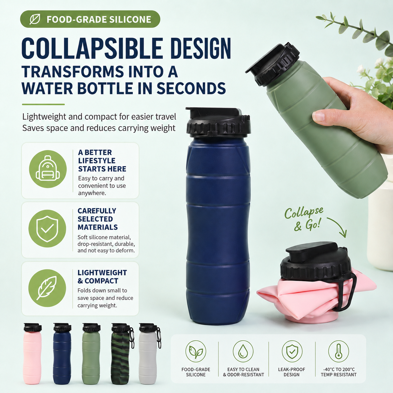 Dark blue Collapsible Silicone Water Bottle - 650ml Foldable Travel Bottle view 2