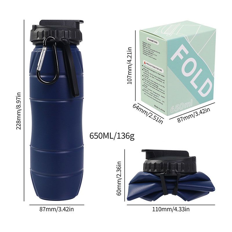 Dark blue Collapsible Silicone Water Bottle - 650ml Foldable Travel Bottle view 6