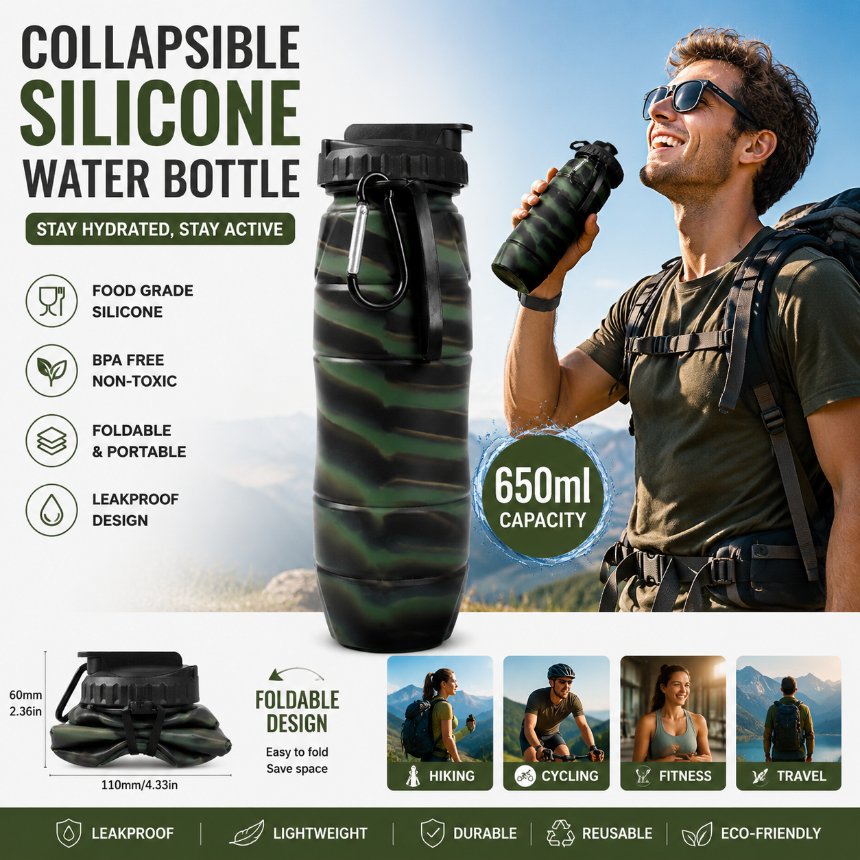 Camouflage green Collapsible Silicone Water Bottle - 650ml Foldable Travel