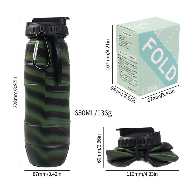Camouflage green Collapsible Silicone Water Bottle - 650ml Foldable Travel view 6