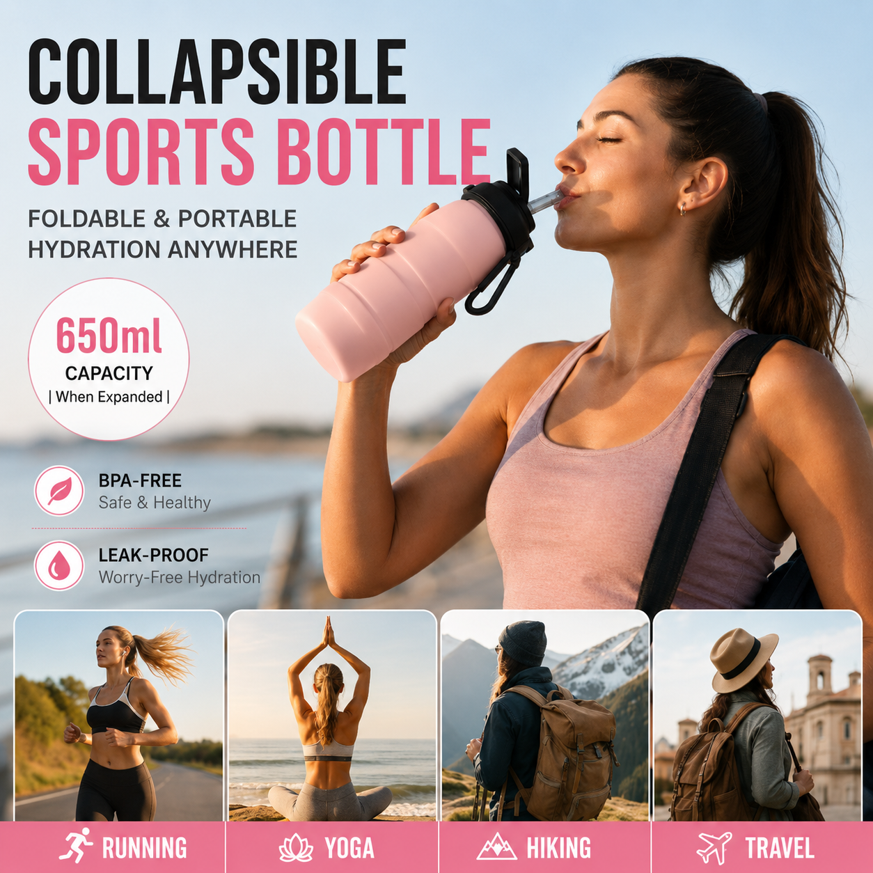 Pink Collapsible Silicone Water Bottle - 650ml Foldable Travel Bottle with