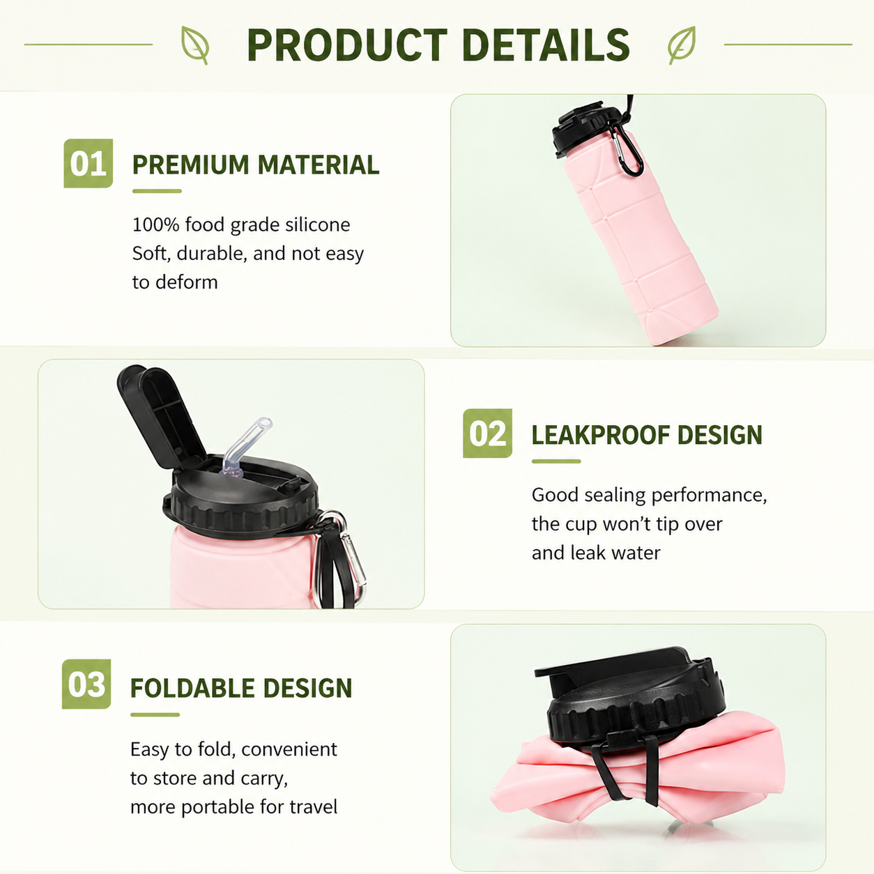 Pink Collapsible Silicone Water Bottle - 650ml Foldable Travel Bottle with view 5