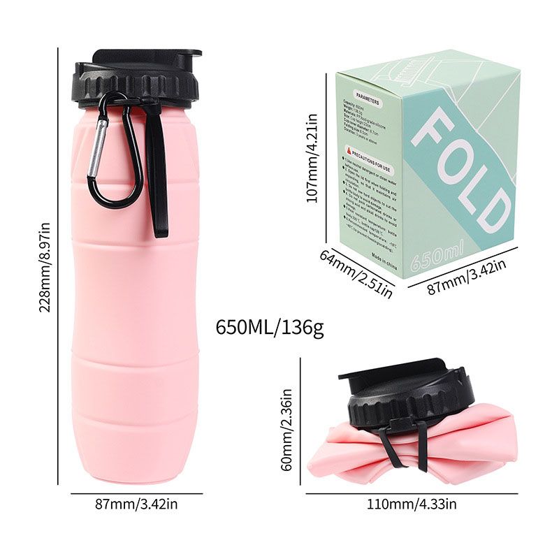 Pink Collapsible Silicone Water Bottle - 650ml Foldable Travel Bottle with view 6