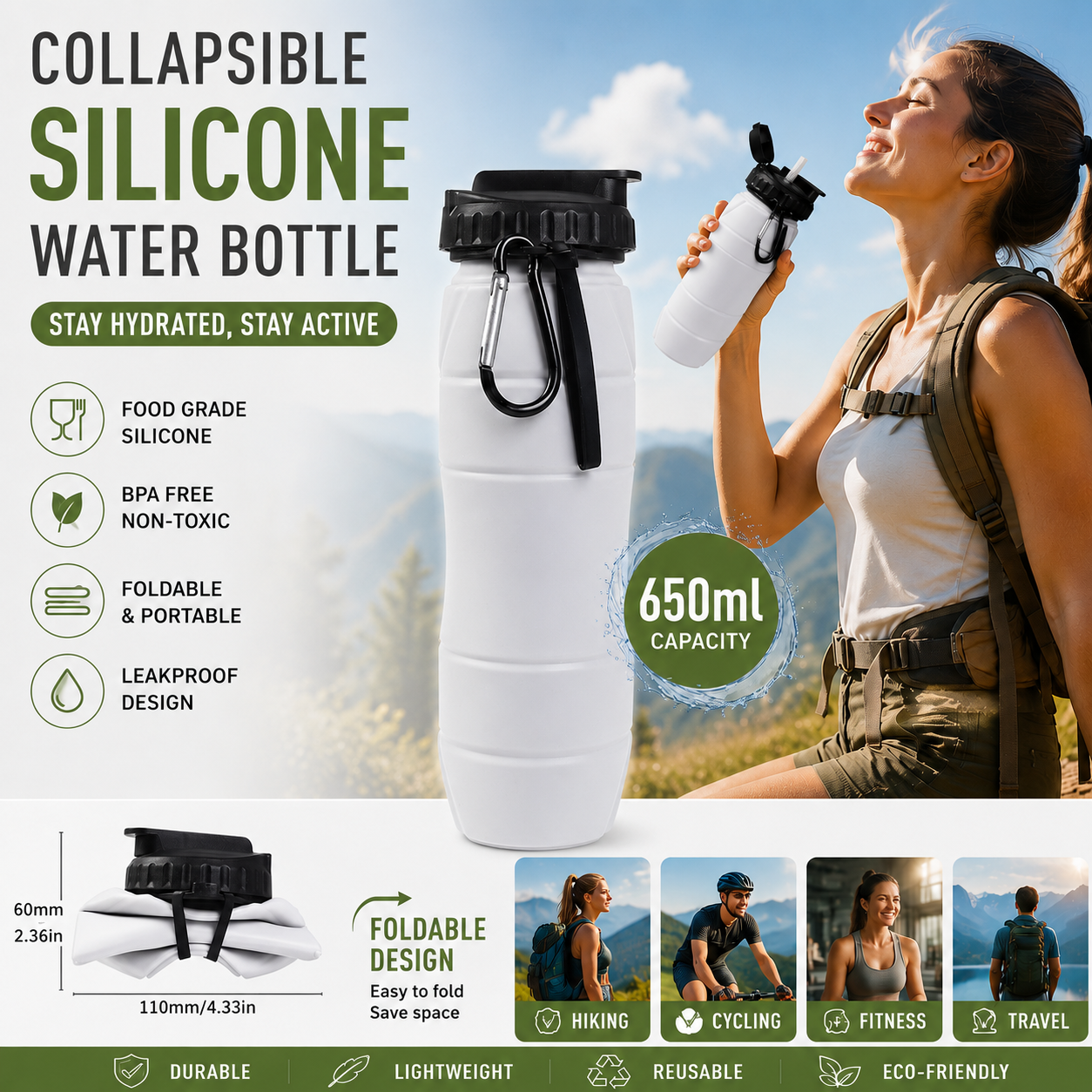 Gray Collapsible Silicone Water Bottle - 650ml Foldable Travel Bottle with