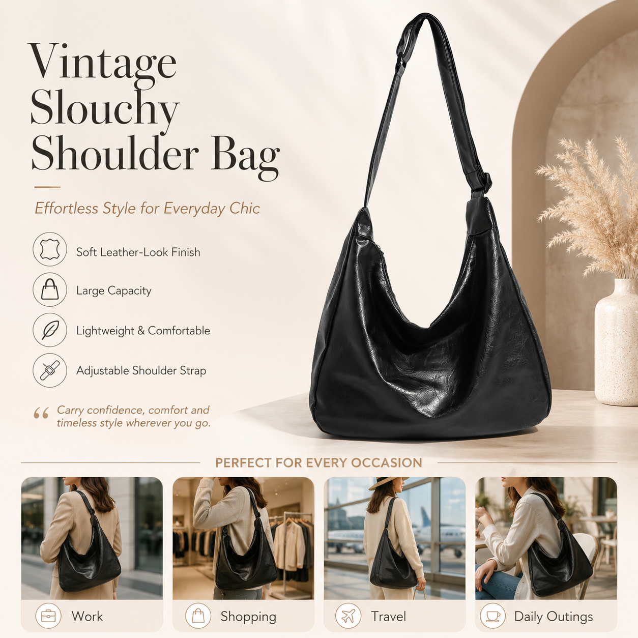 Black PU Leather Shoulder Bag - Large Capacity Hobo Handbag with Adjustable Strap