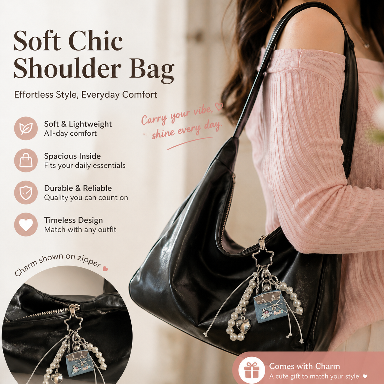 Black PU Leather Shoulder Bag with Cute Charm Keychain - Large Capacity Hobo