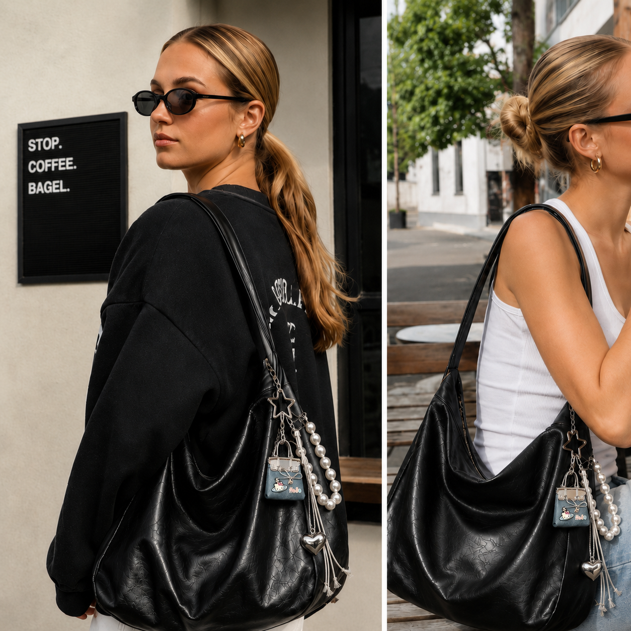 Black PU Leather Shoulder Bag with Cute Charm Keychain - Large Capacity Hobo view 2