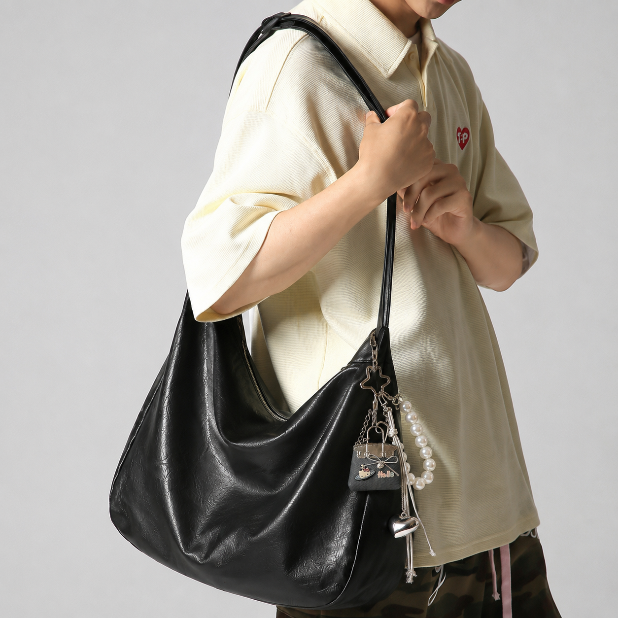 Black PU Leather Shoulder Bag with Cute Charm Keychain - Large Capacity Hobo view 5