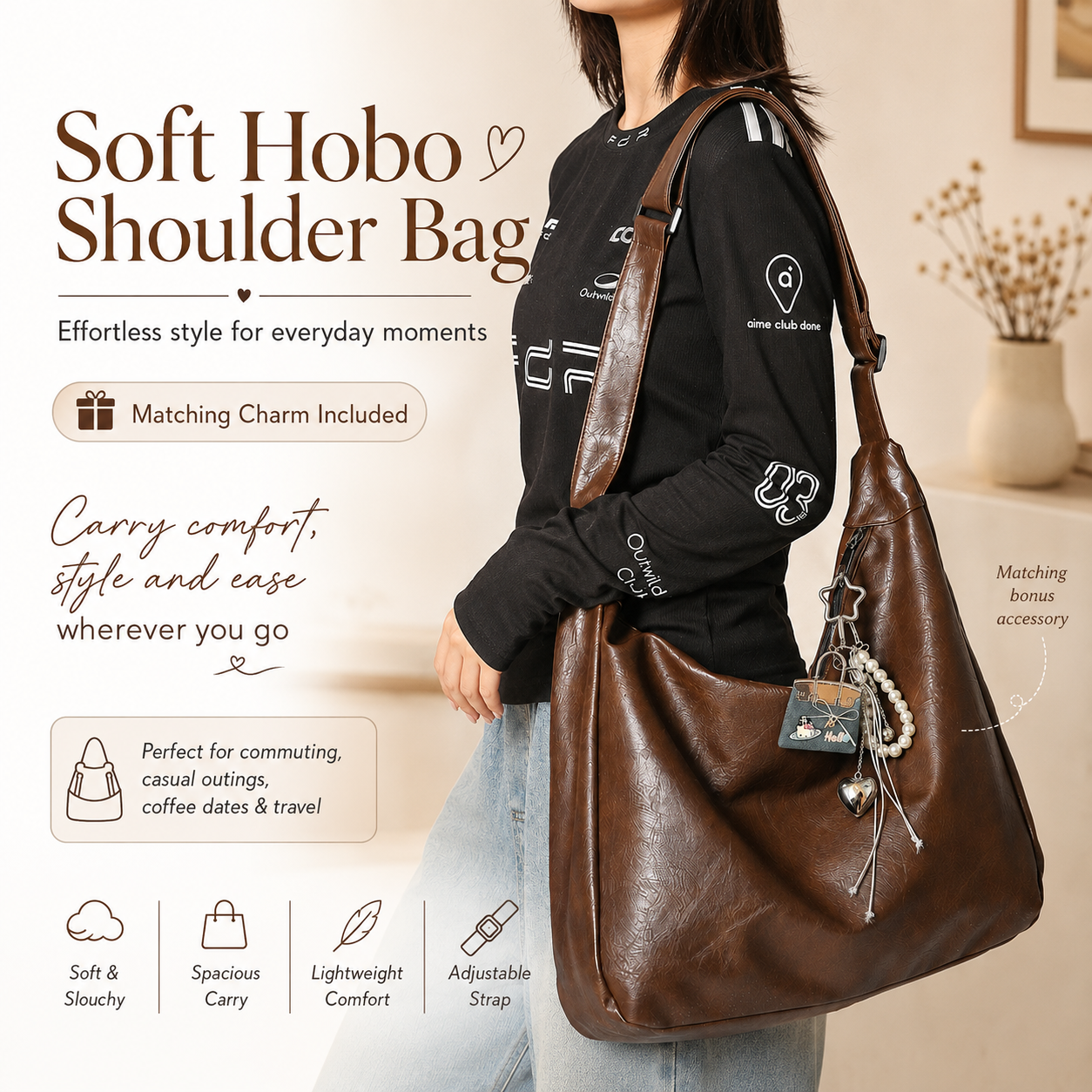 Black PU Leather Shoulder Bag - Large Capacity Hobo Handbag with Adjustable Strap