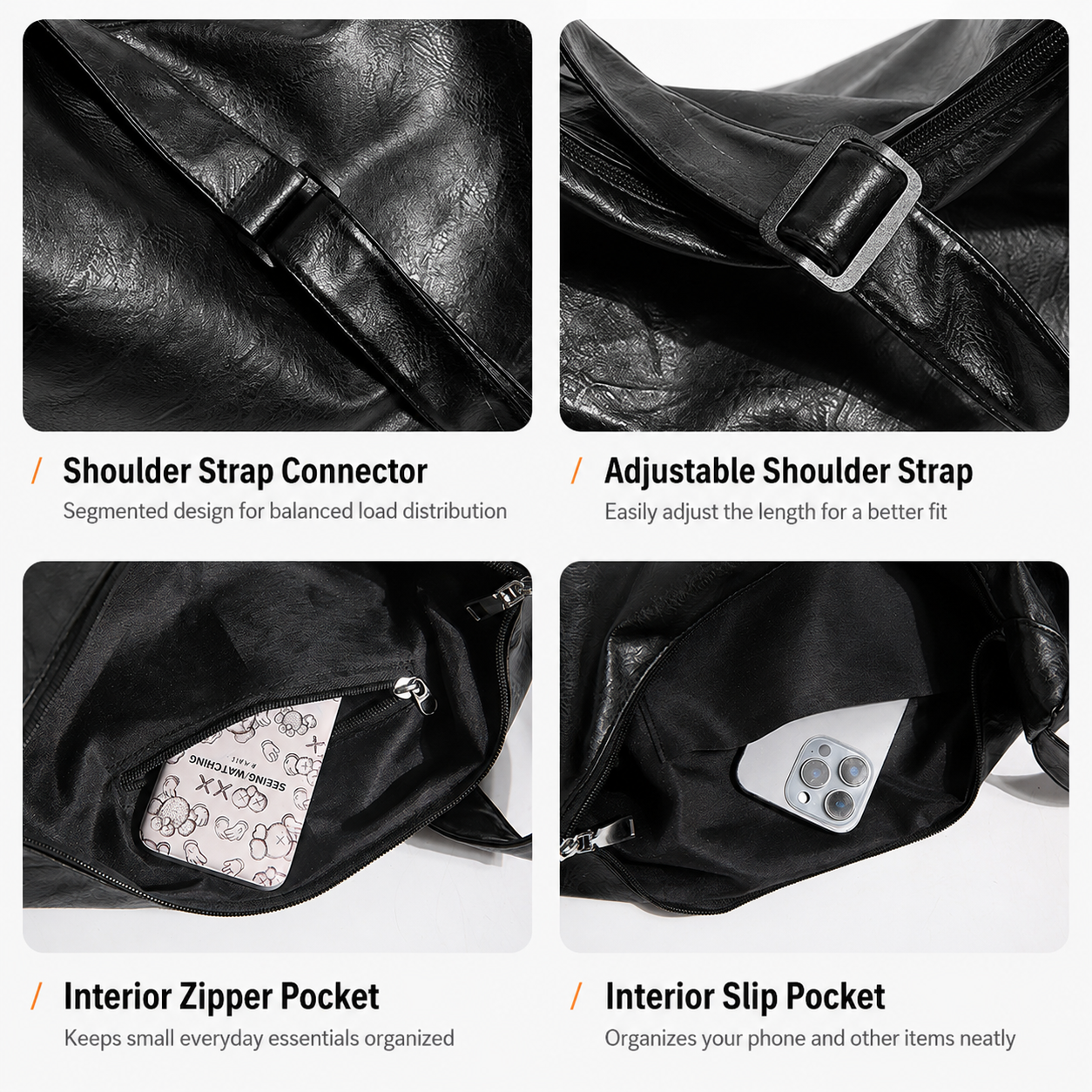 Black PU Leather Shoulder Bag - Large Capacity Hobo Handbag with Adjustable Strap view 3