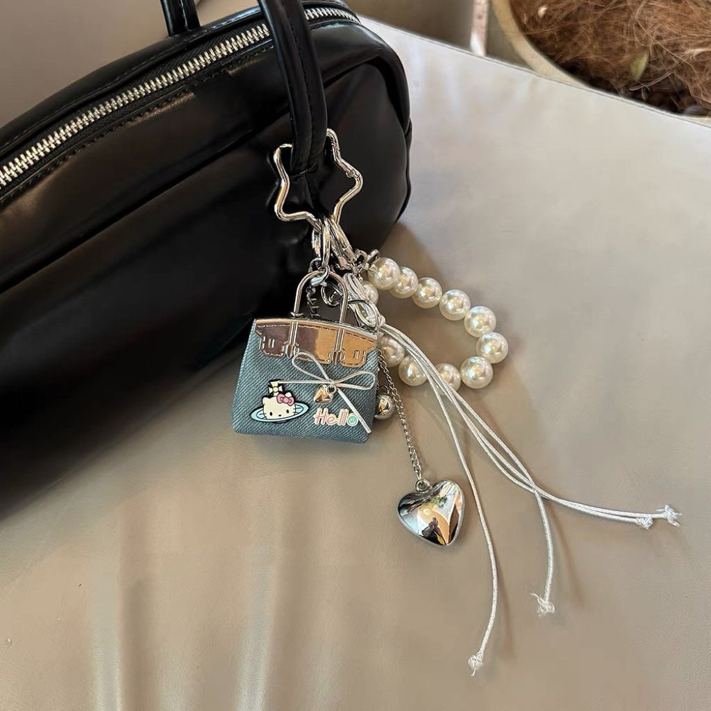 Blue Mini PU Leather Bag Charm Keychain with Pearl Bow Pendant Cute Handbag view 2