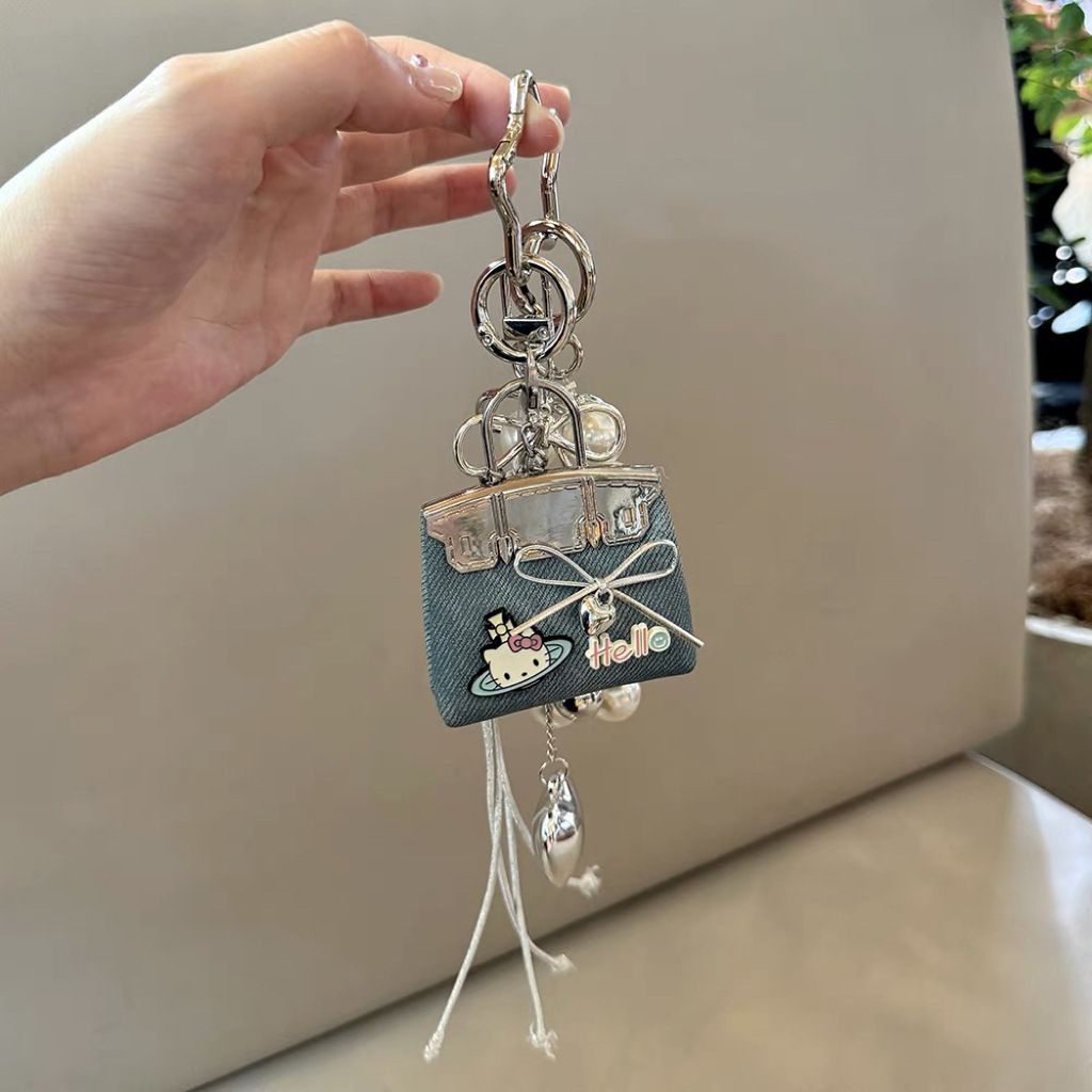 Blue Mini PU Leather Bag Charm Keychain with Pearl Bow Pendant Cute Handbag view 3