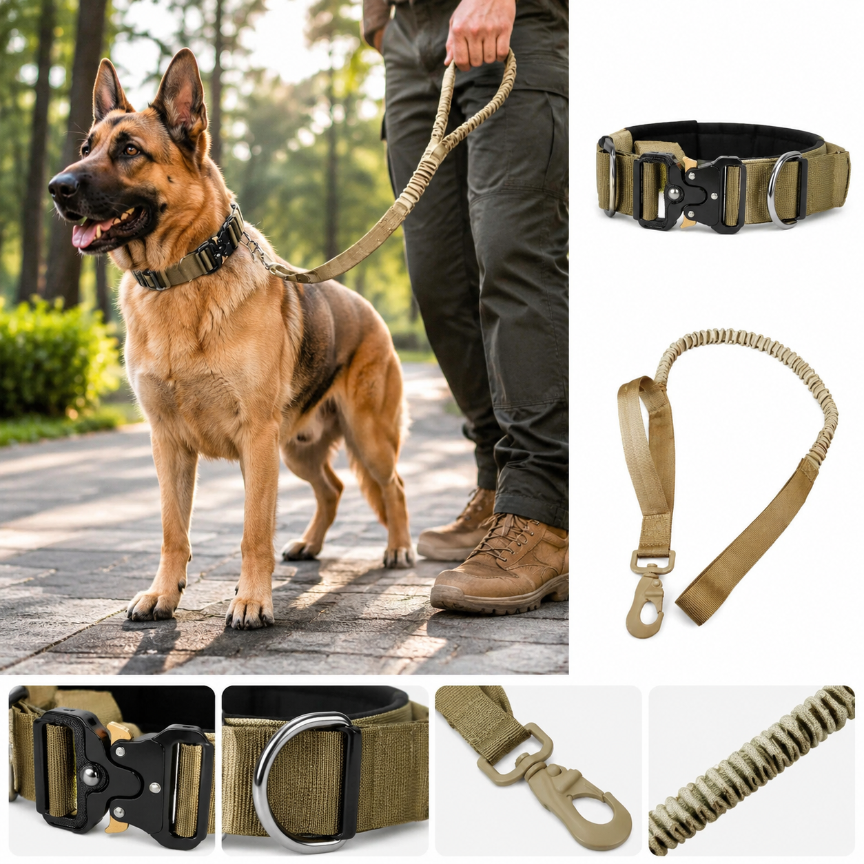 Khaki Tactical Dog Collar and Bungee Lead Set (XL size) - Padded Quick Release view 2