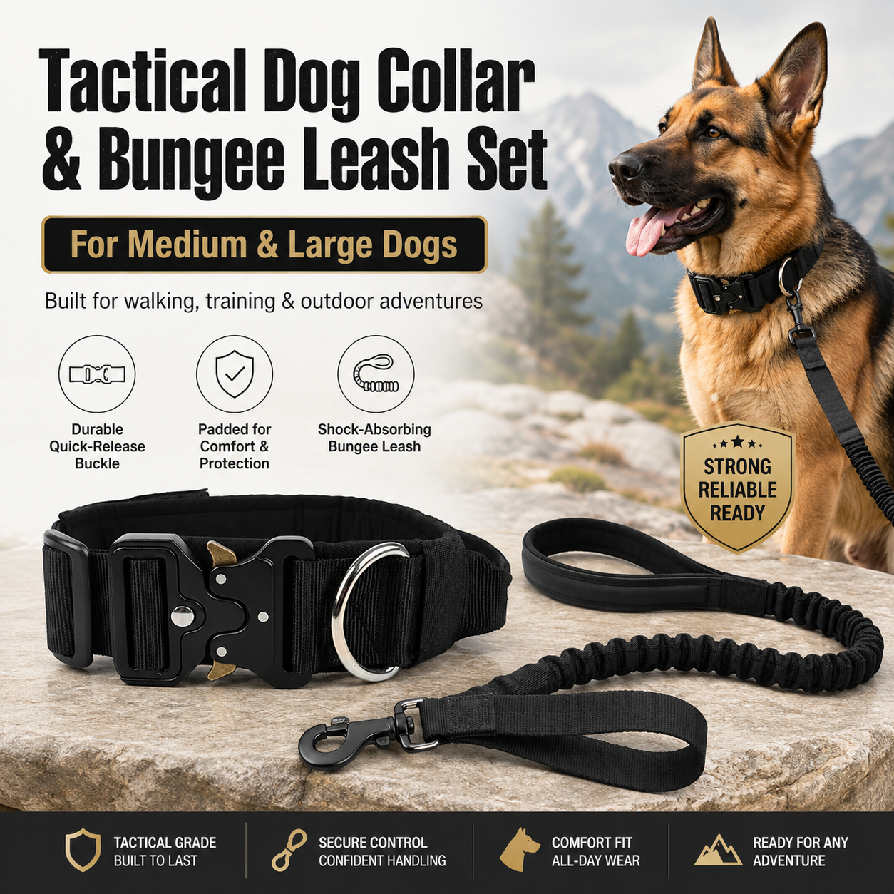 Black Tactical Dog Collar and Bungee Lead Set (M size) - Padded Quick Release — image 1