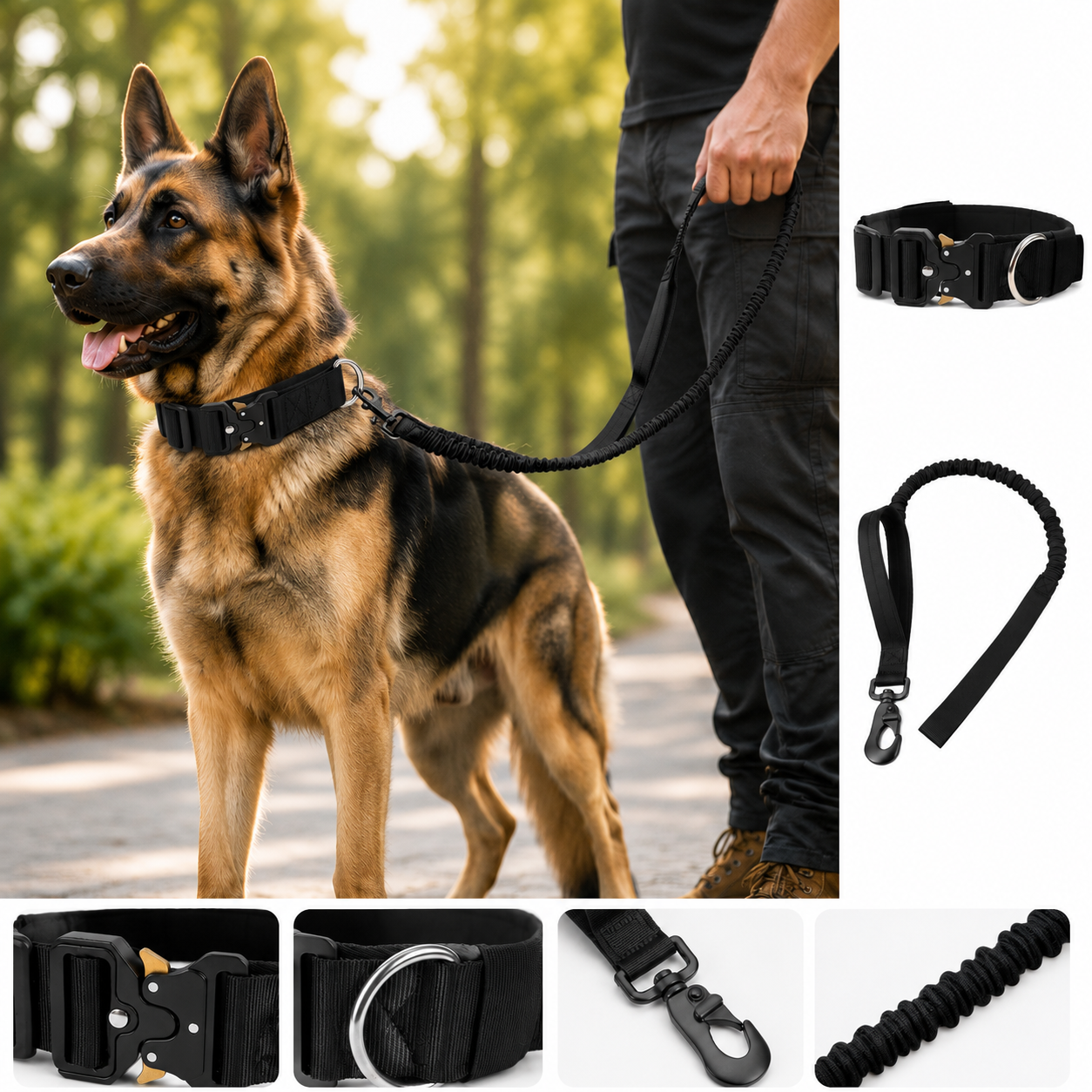Black Tactical Dog Collar and Bungee Lead Set (M size) - Padded Quick Release view 2
