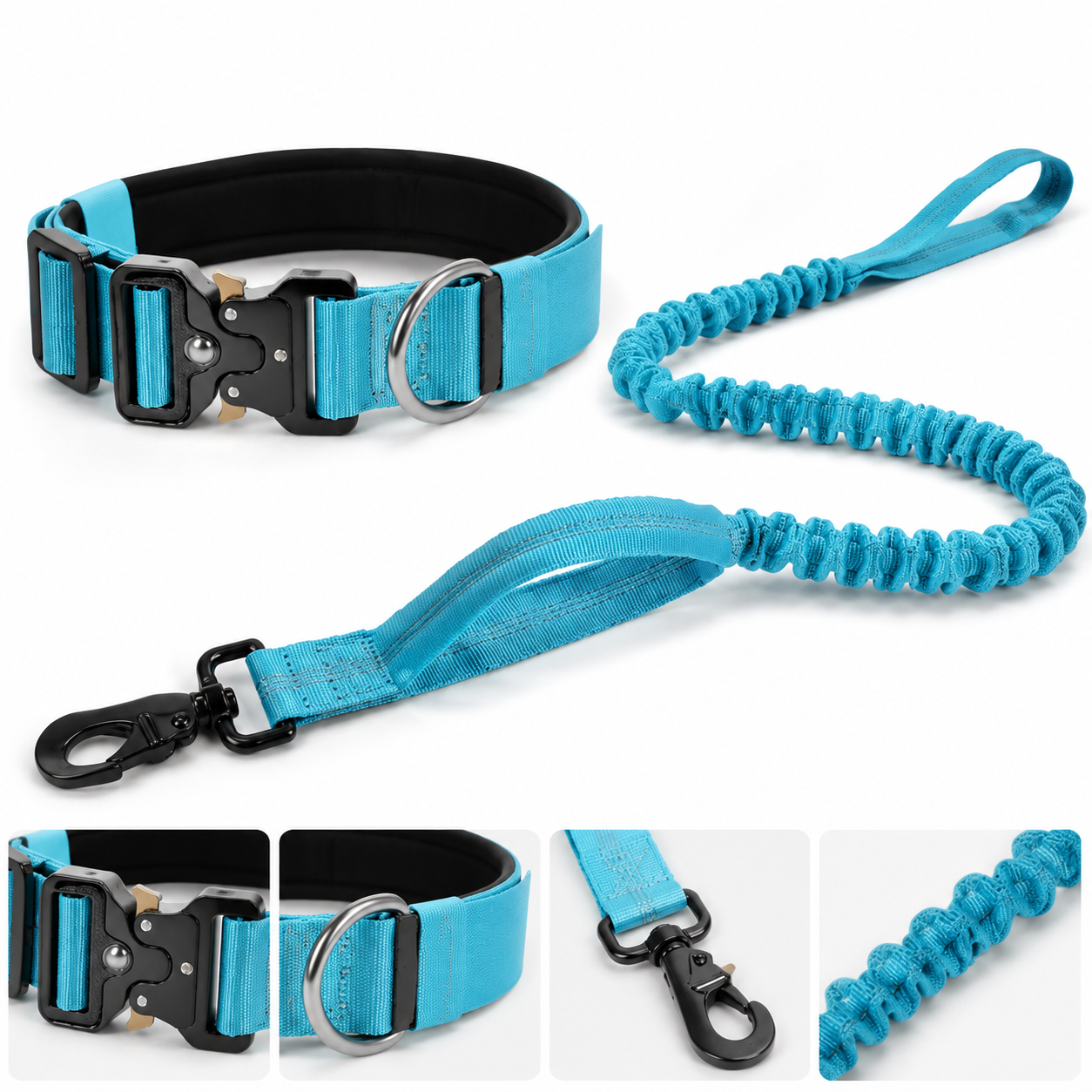 Blue Tactical Dog Collar and Bungee Lead Set (M size) - Padded Quick Release view 2