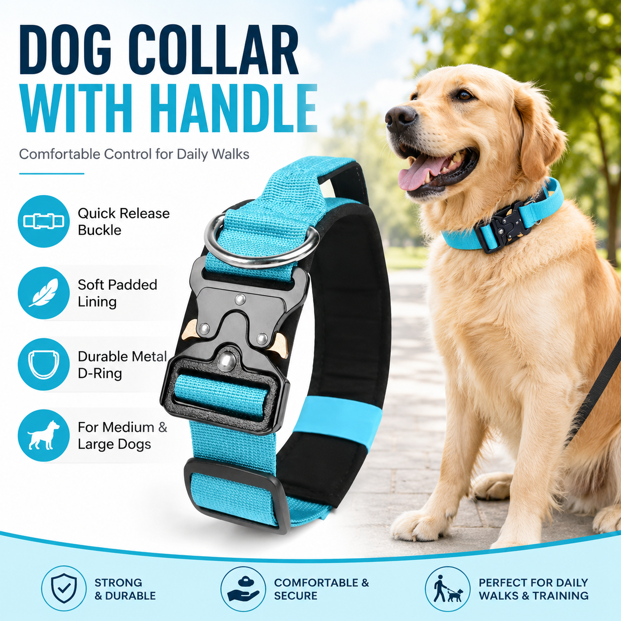 Blue Tactical Dog Collar for Large Dogs (XL size)- Wide Padded Nylon Collar — image 1
