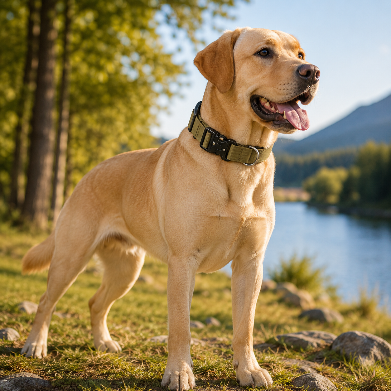 Khaki Tactical Dog Collar for Large Dogs (L size)- Wide Padded Nylon Collar view 2