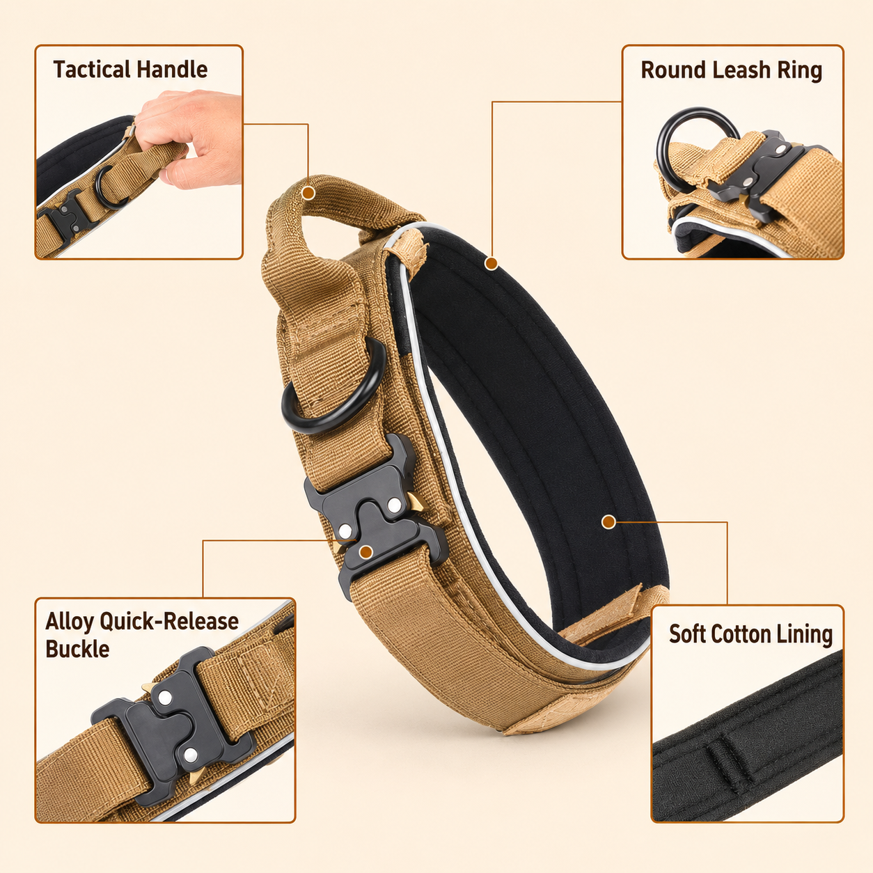 Khaki Tactical Dog Collar for Large Dogs (L size)- Wide Padded Nylon Collar view 3