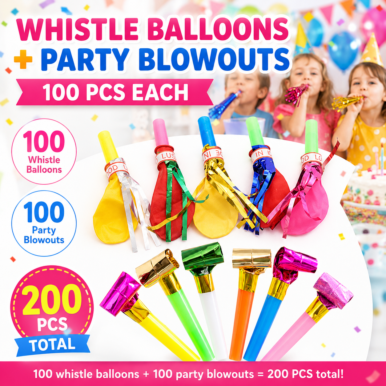 200 Piece Party Whistle and Blowout Set - 100 Whistle Balloons and 100 Party