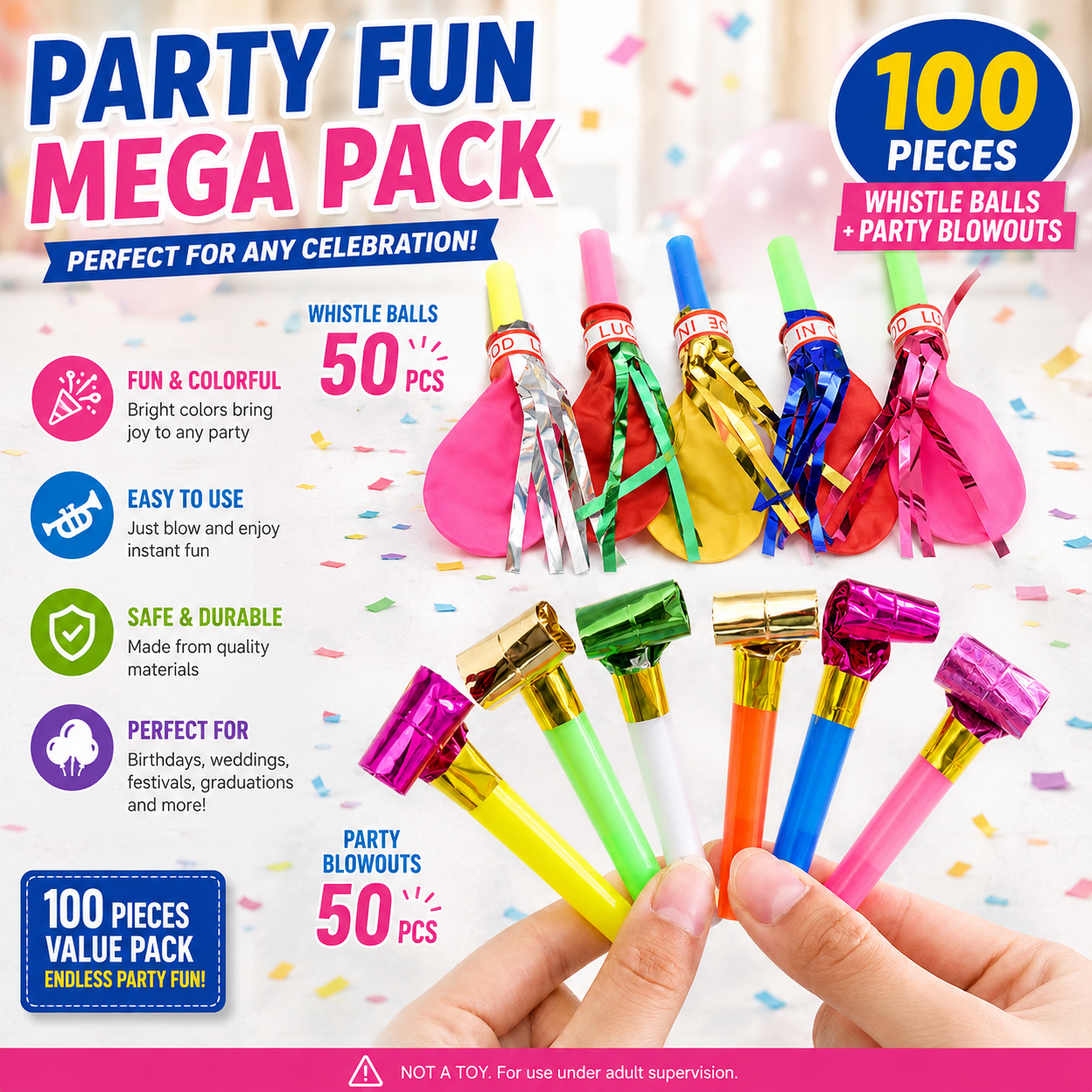 100 Piece Party Whistle and Blowout Set - 50 Whistle Balloons and 50 Party Blowers