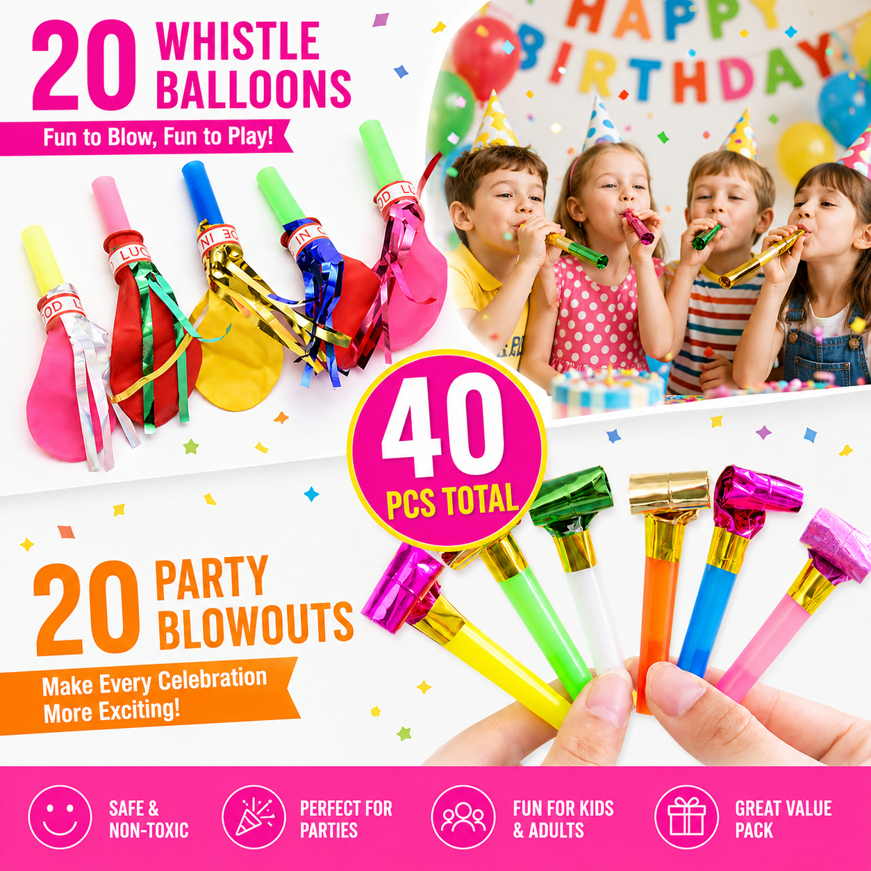 40 Piece Party Whistle and Blowout Set - 20 Whistle Balloons and 20 Party Blowers
