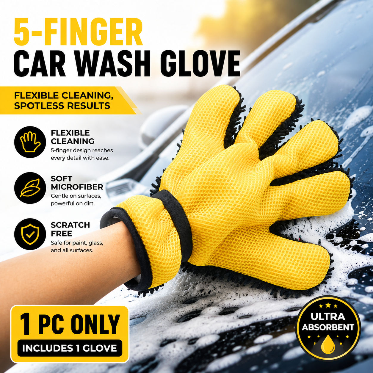 Five Finger Car Wash Glove Chenille Microfiber Cleaning Mitt Soft Scratch-Free