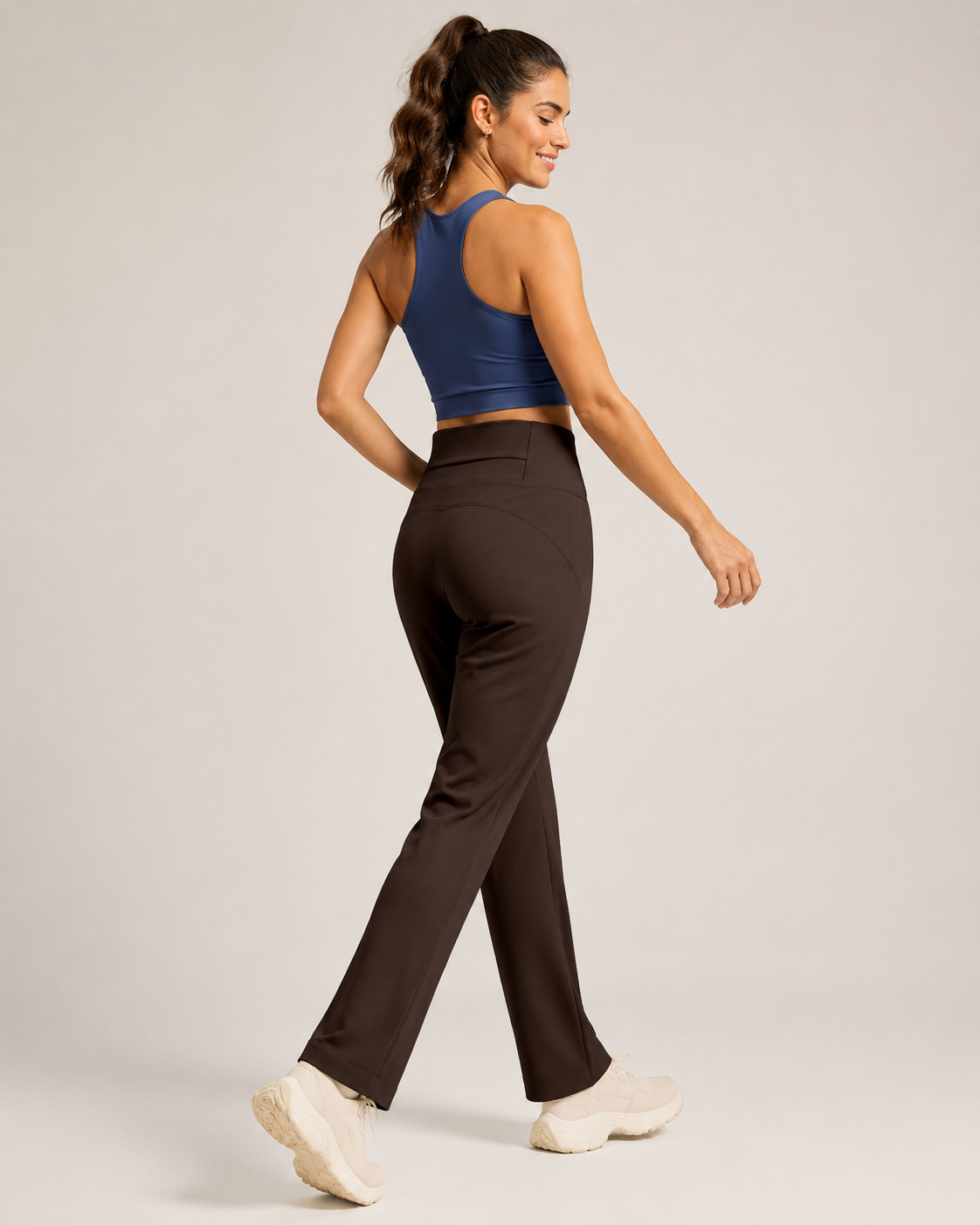 Women's High Waisted Straight Leg Yoga Pants (L size) - Coffee Brown view 3