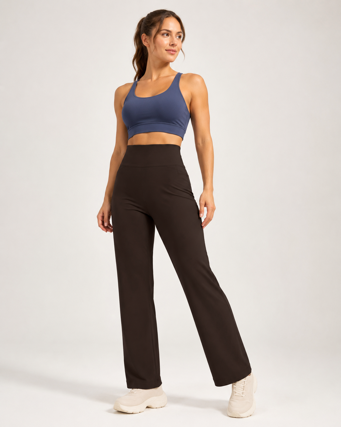 Women's High Waisted Straight Leg Yoga Pants (XL size) - Coffee Brown view 4