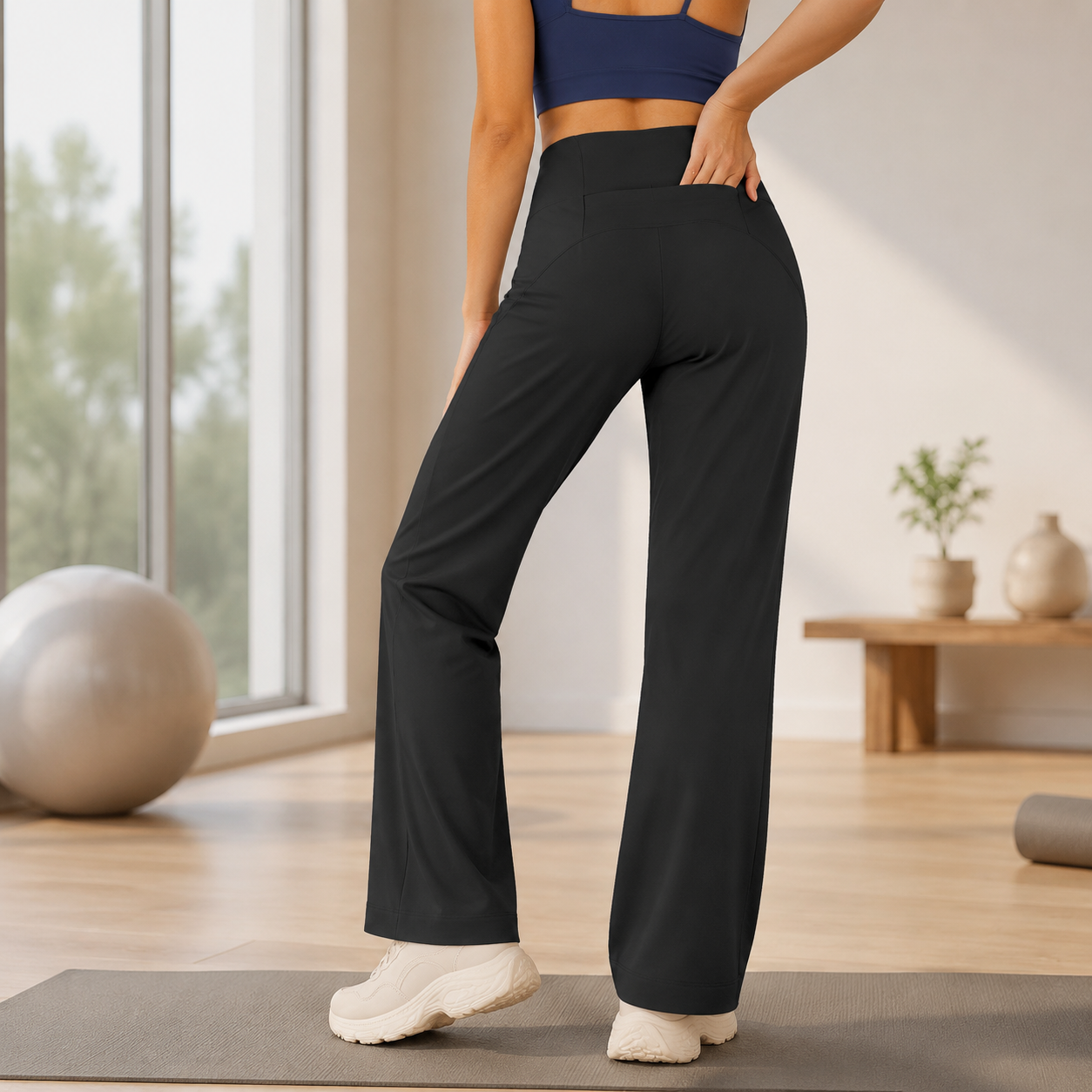 Black Womens High Waist Straight Leg Yoga Pants (M size)- Loose Fit Full view 4