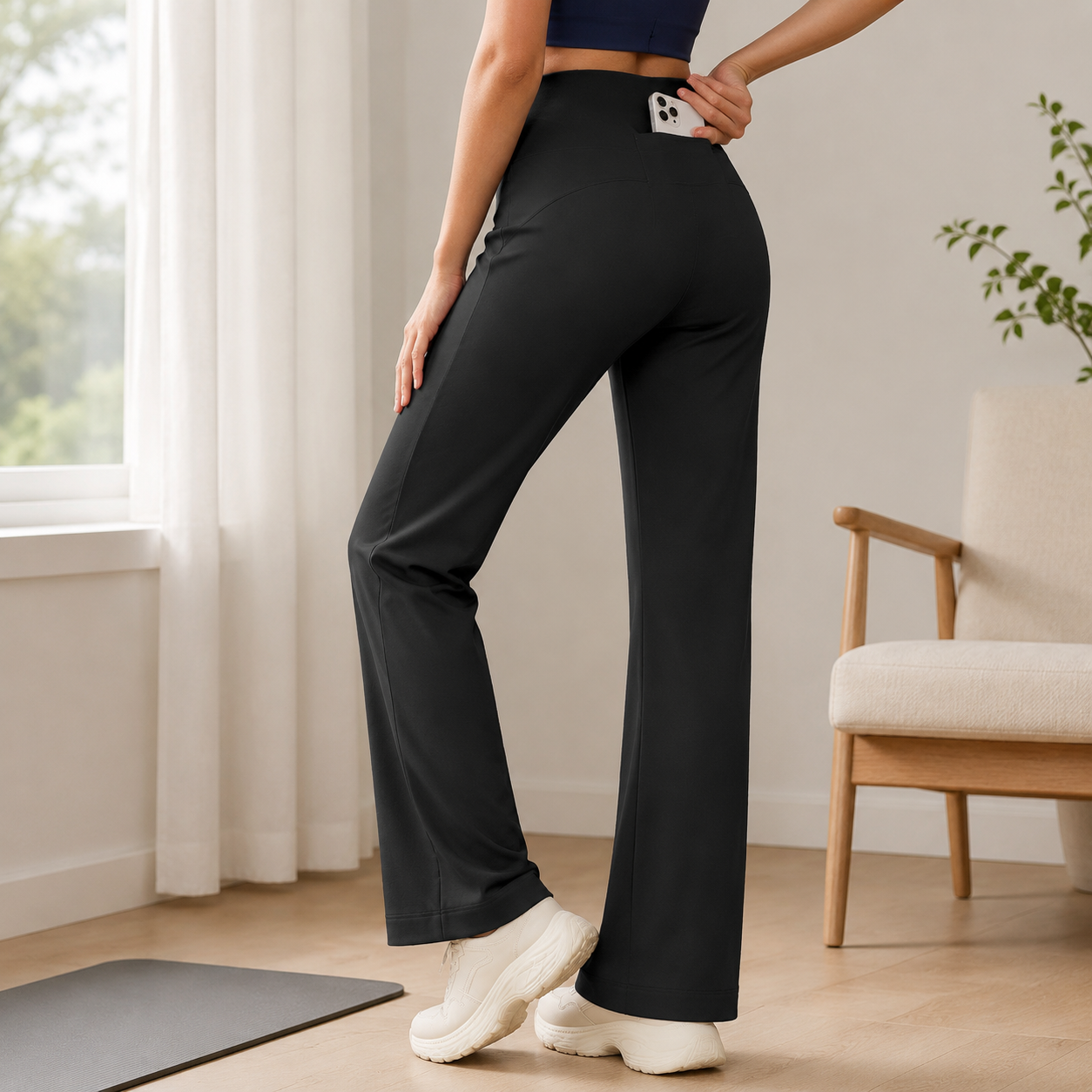 Black Womens High Waist Straight Leg Yoga Pants (M size)- Loose Fit Full view 5