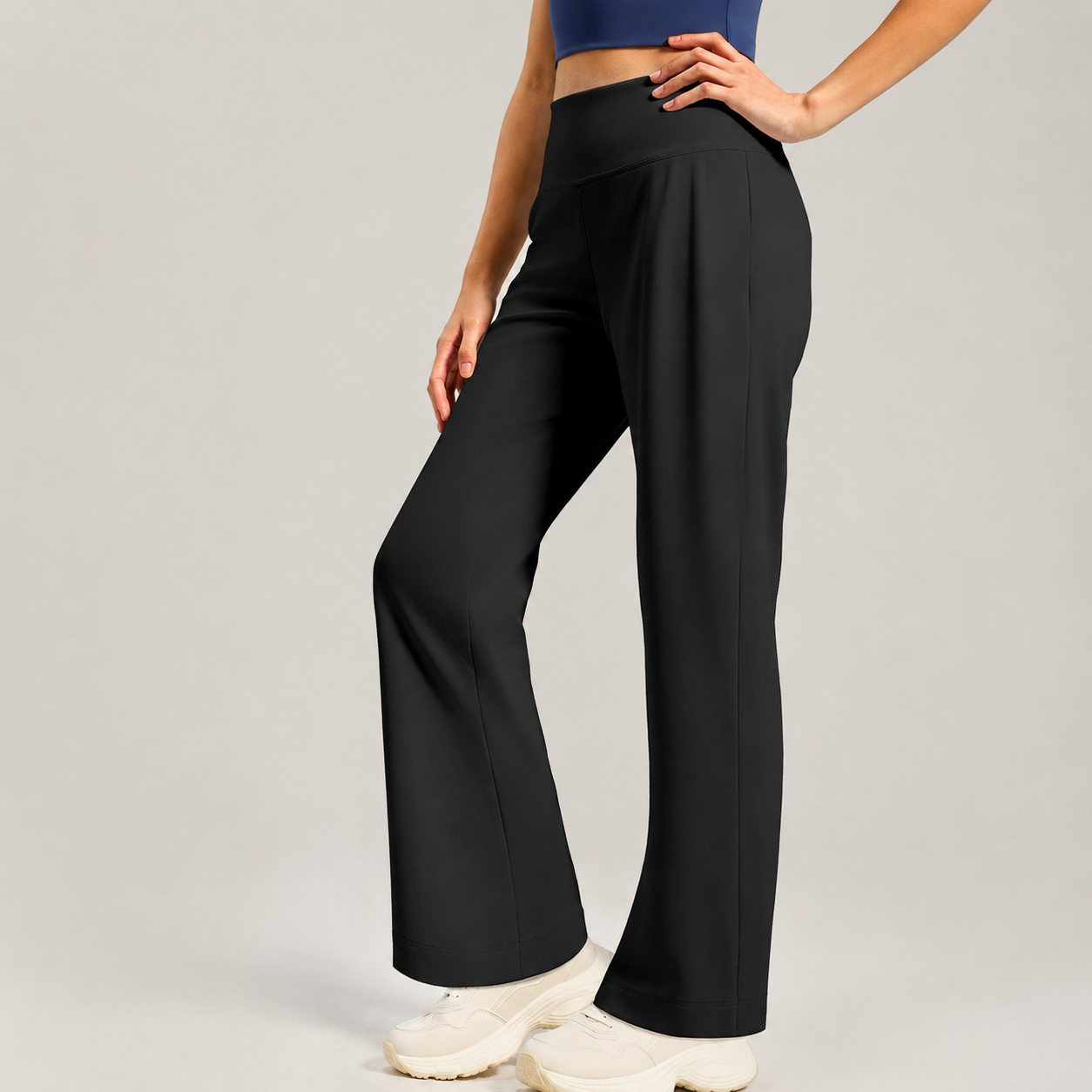 Black Womens High Waist Straight Leg Yoga Pants (L size)- Loose Fit Full view 3