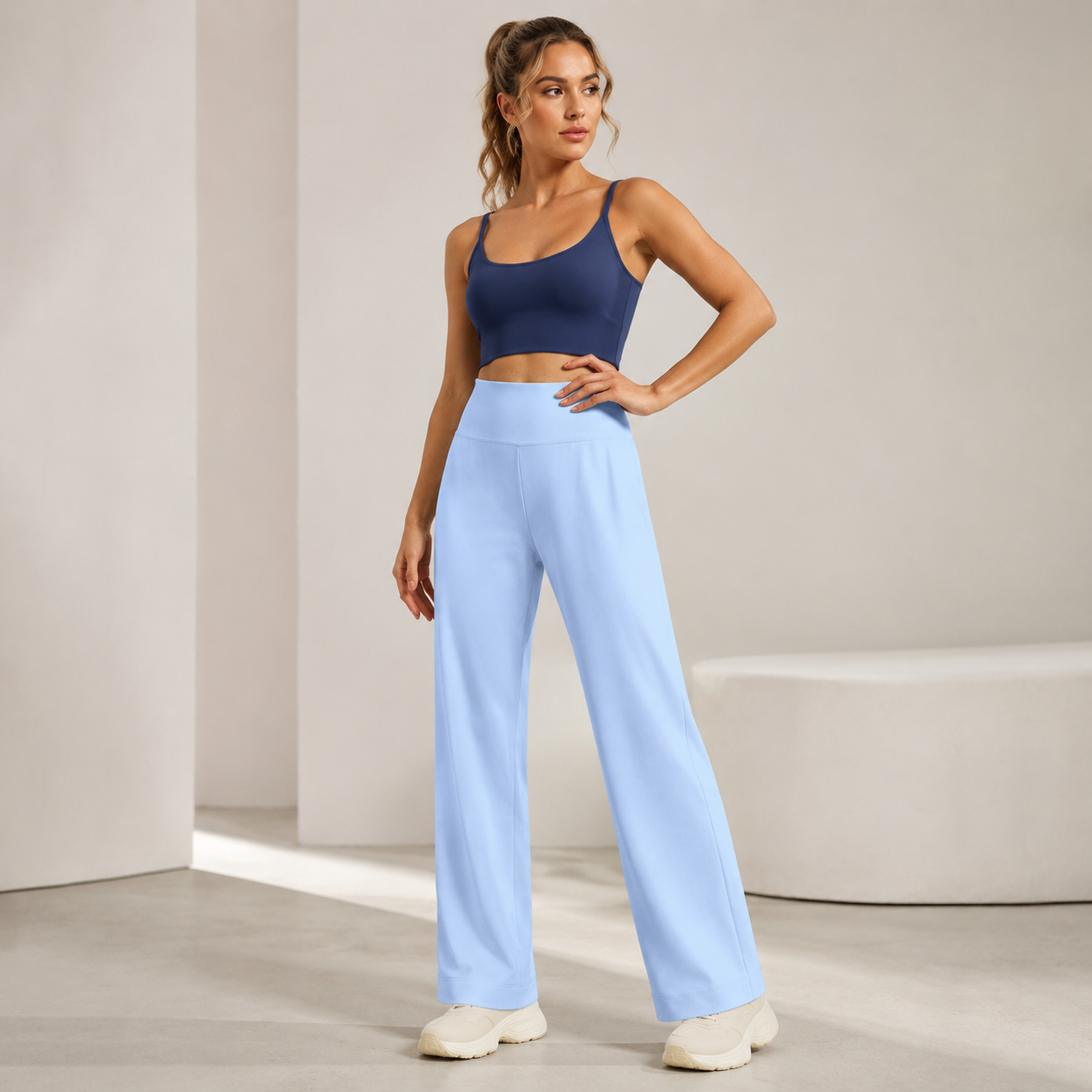 Women's High Waist Yoga Pants (XL size)- Blue Loose Straight Leg Full Length view 2