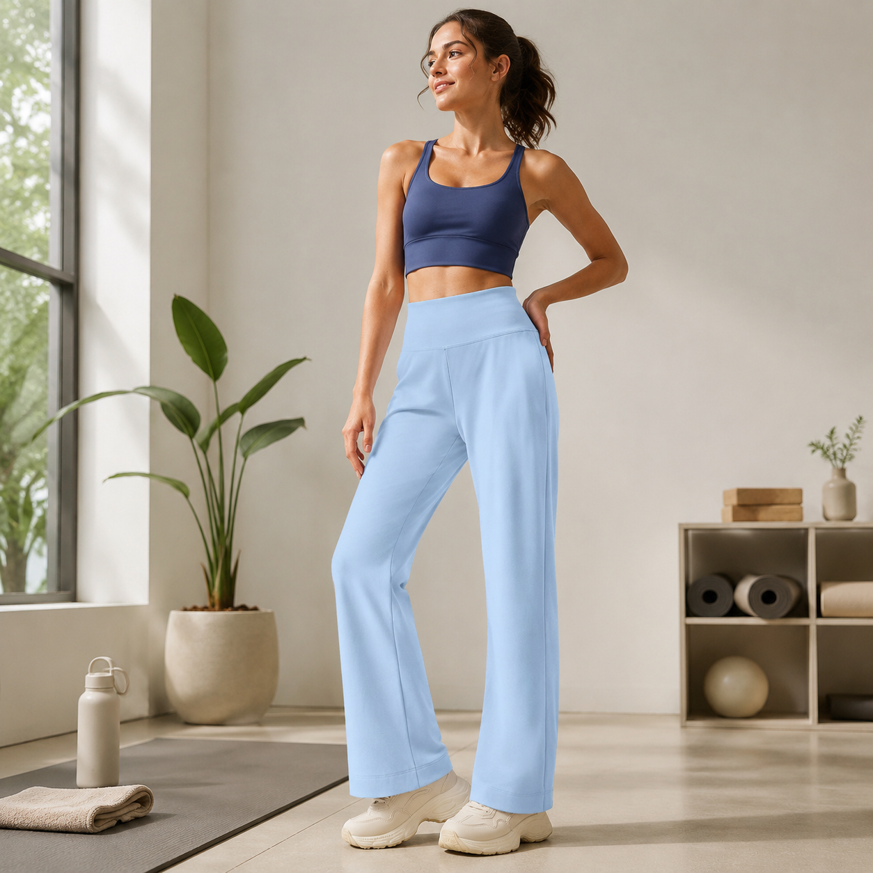Women's High Waist Yoga Pants (XL size)- Blue Loose Straight Leg Full Length view 3