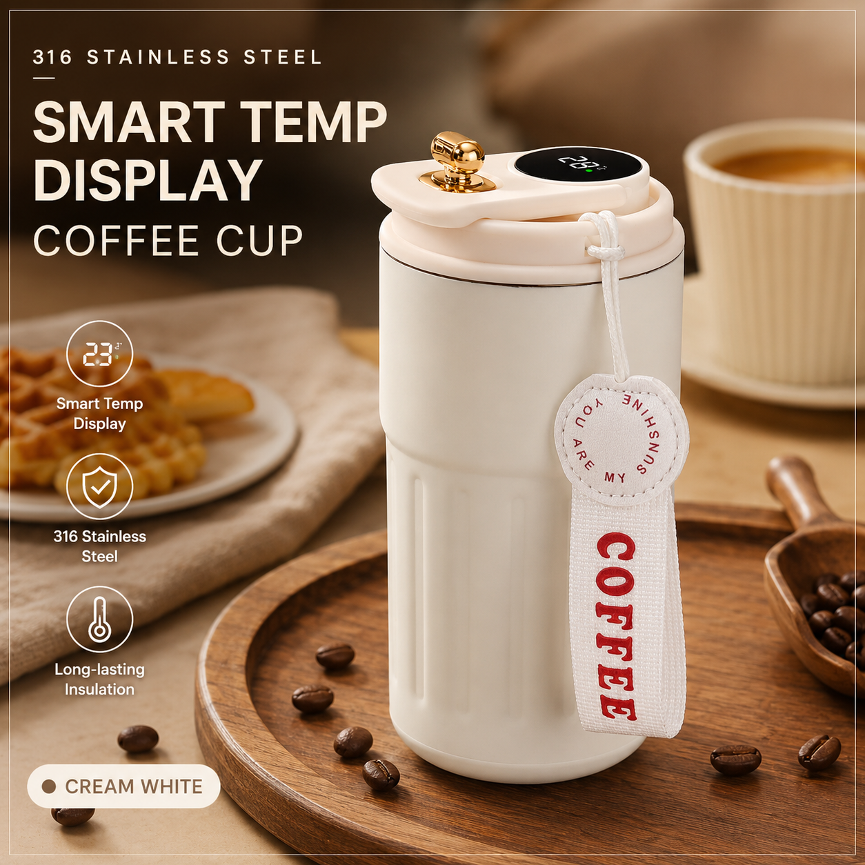 Smart Coffee Tumbler(White lid) 450ml Vacuum Insulated Travel Mugwith