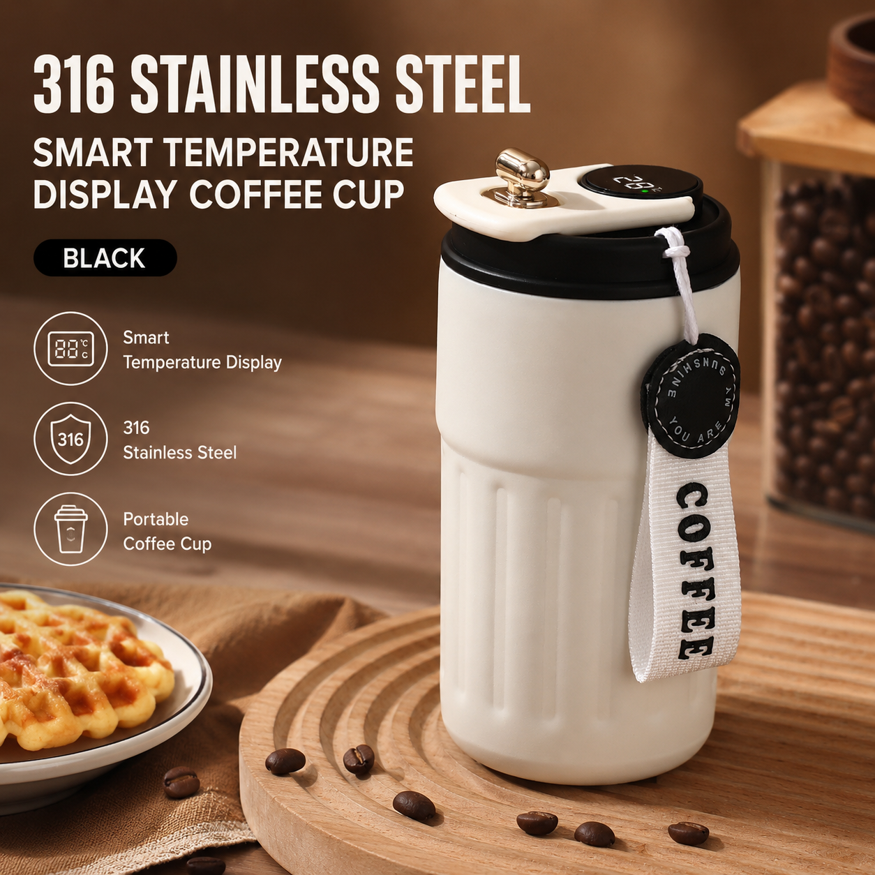 Smart Coffee Tumbler(Black lid) 450ml Vacuum Insulated Travel Mugwith
