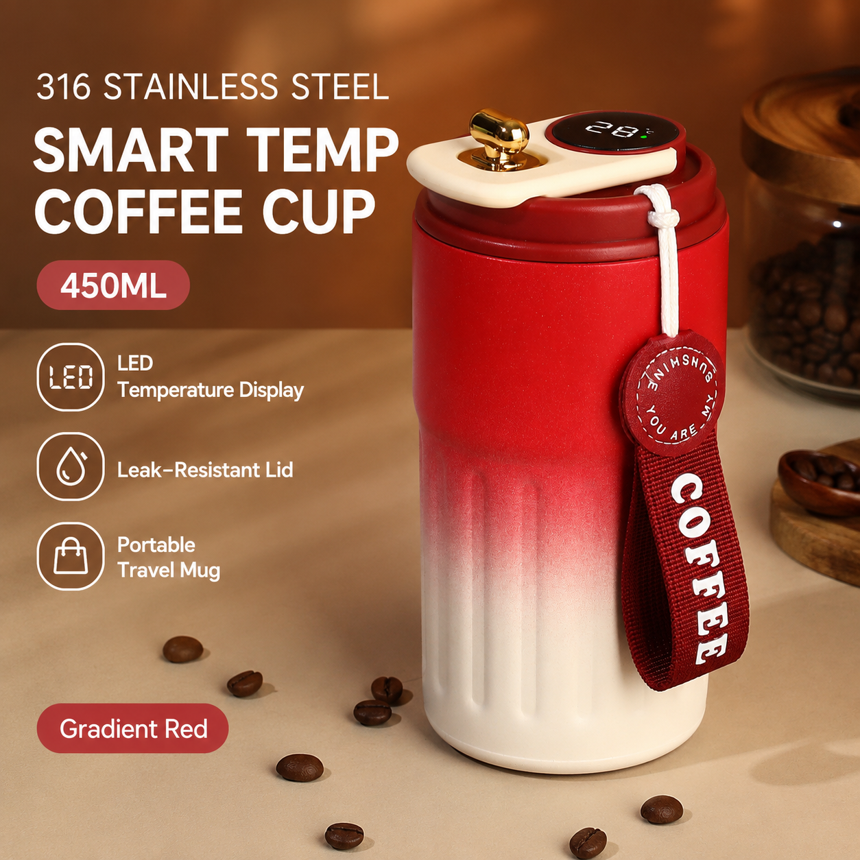 Smart Coffee Tumbler(Gradient red) 450ml Vacuum Insulated Travel Mugwith