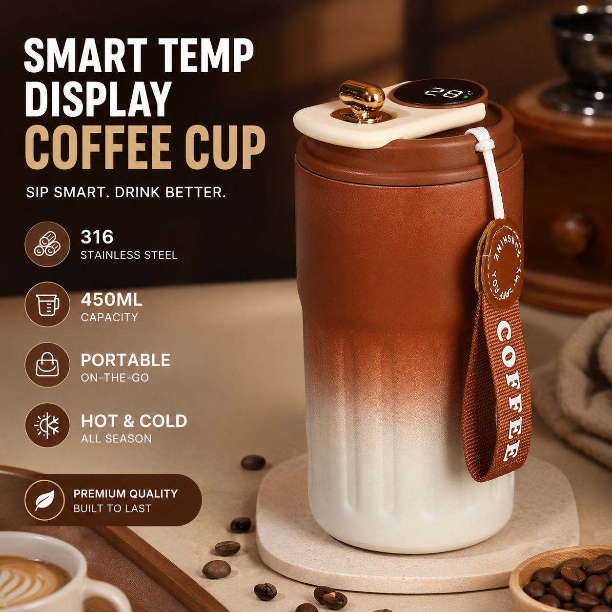 Smart Coffee Tumbler(Gradient brown) 450ml Vacuum Insulated Travel Mugwith
