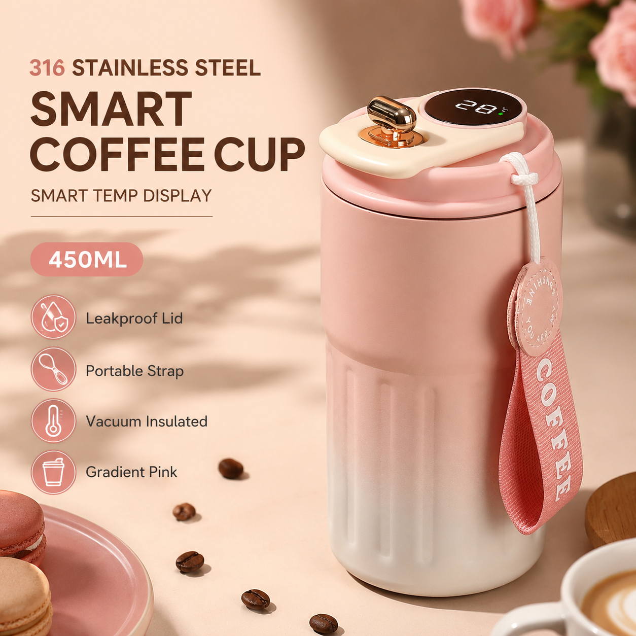 Smart Coffee Tumbler(Gradient Pink) 450ml Vacuum Insulated Travel Mugwith