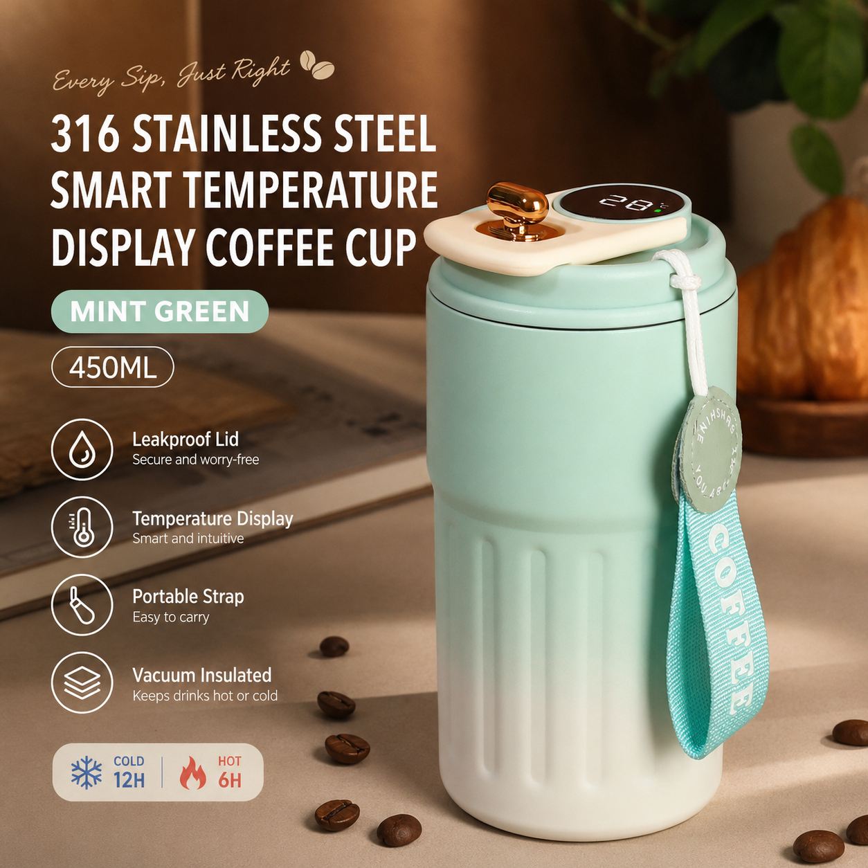 Smart Coffee Tumbler(Gradient Green) 450ml Vacuum Insulated Travel Mugwith