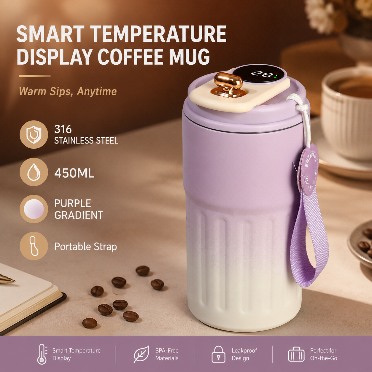 Smart Coffee Tumbler(Gradient Purple) 450ml Vacuum Insulated Travel Mugwith