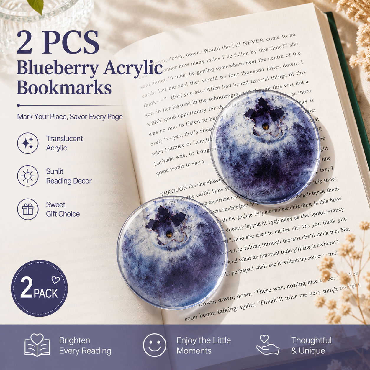 2PCS Cute Blueberries Acrylic Bookmarks Fruit Transparent Reading Bookmarks — image 1