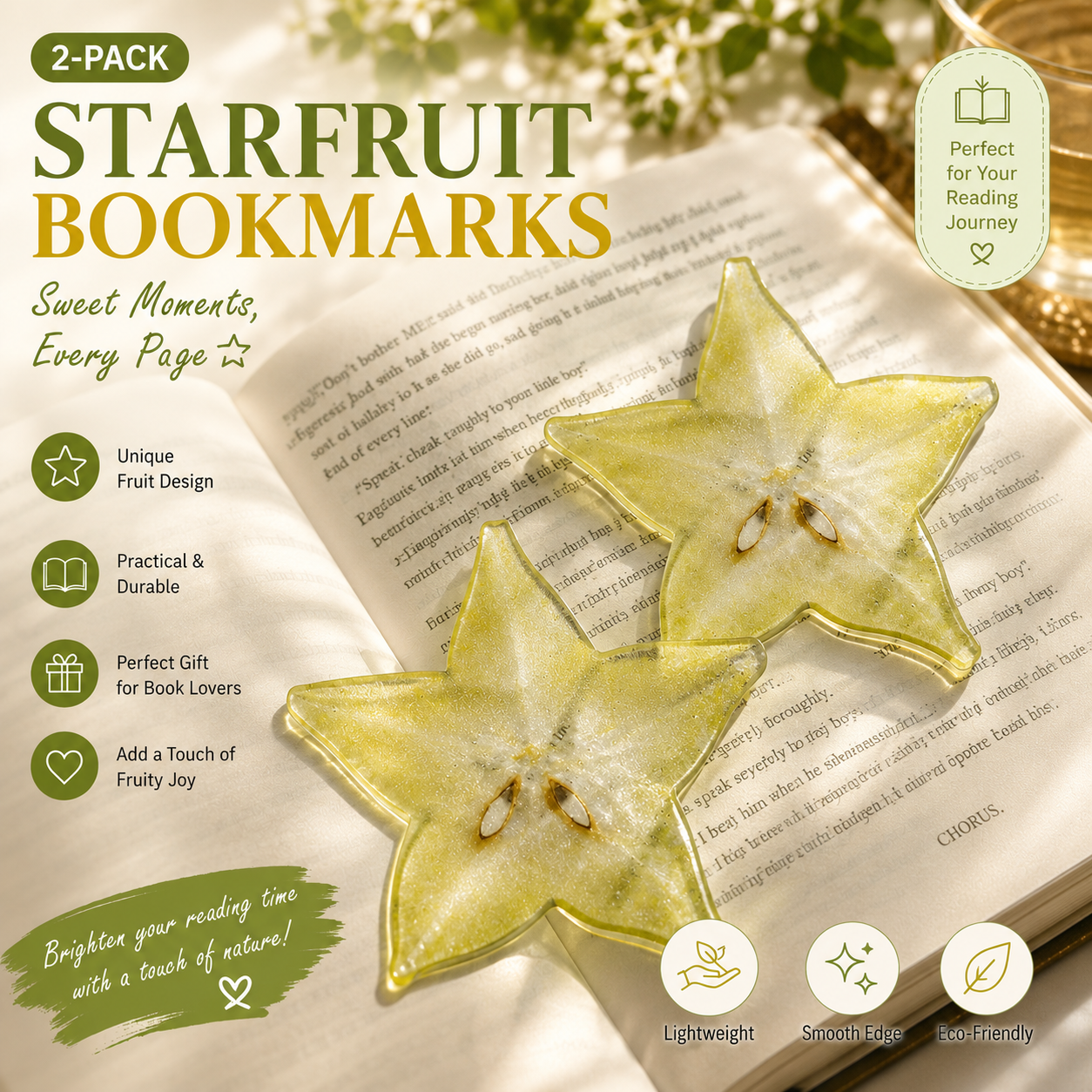 2PCS Cute Star fruit Acrylic Bookmarks Fruit Transparent Reading Bookmarks — image 1